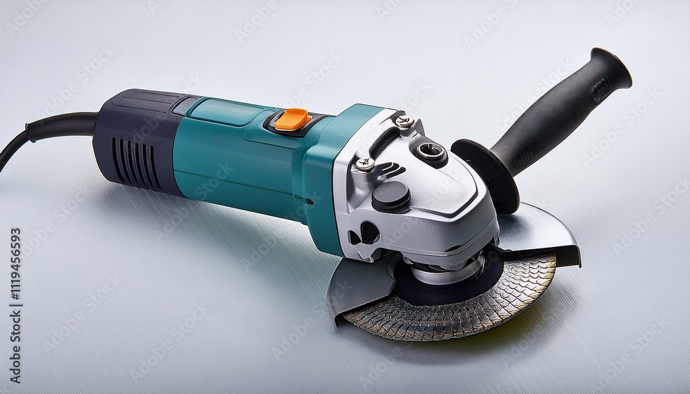 A small angle grinder with a blade attached, placed on a white table. This power tool is used for grinding, cutting, and polishing metal and other materials. A small angle grinder with a blade attached, placed on a white table. This power tool is used for grinding, cutting, and polishing metal and other materials.