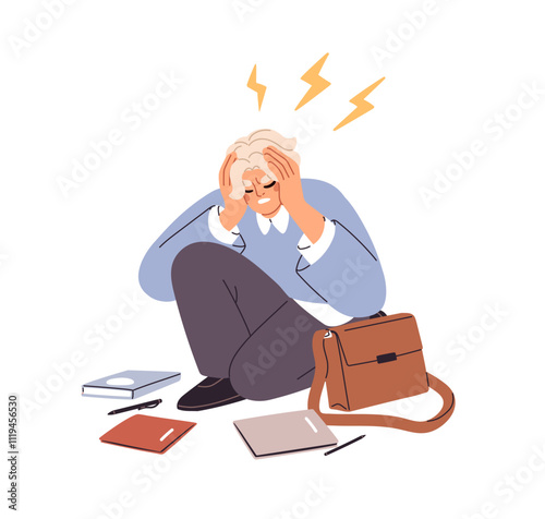 Stressed student sitting on floo, frustrated and tired. Exhausted fatique overworked teenager suffering from panic attack, anxiety, headache. Flat vector illustration isolated on white background
