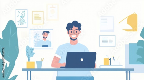 Smiling Man Working on Laptop in Modern Home Office