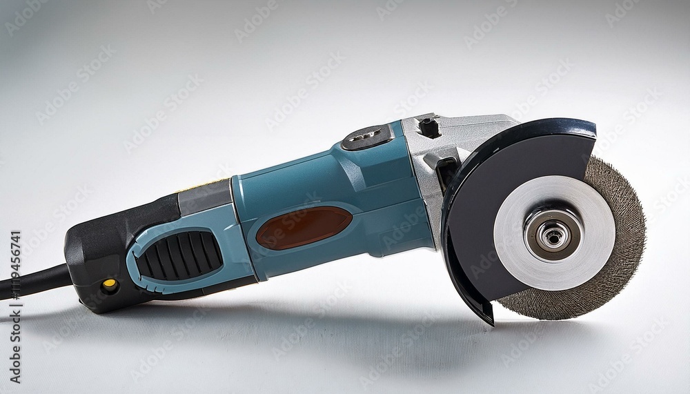 A small angle grinder with a blade attached, placed on a white table. This power tool is used for grinding, cutting, and polishing metal and other materials. A small angle grinder with a blade attached, placed on a white table. This power tool is used for grinding, cutting, and polishing metal and other materials.