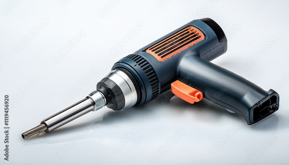 A small heat gun with a nozzle attached, placed on a white backdrop. Heat guns are commonly used for tasks such as paint stripping, shrink wrapping, and other heating applications. A small heat gun with a nozzle attached, placed on a white backdrop. Heat guns are commonly used for tasks such as paint stripping, shrink wrapping, and other heating applications.