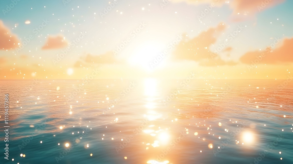 Magical sunset over calm ocean water. Sparkling golden light reflects on the surface. Perfect for background or design. Magical sunset over calm ocean water. Sparkling golden light reflects on the surface. Perfect for background or design.