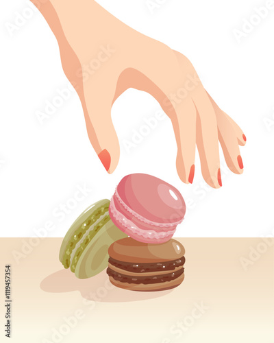 Illustration d'une main s'approchant de macarons