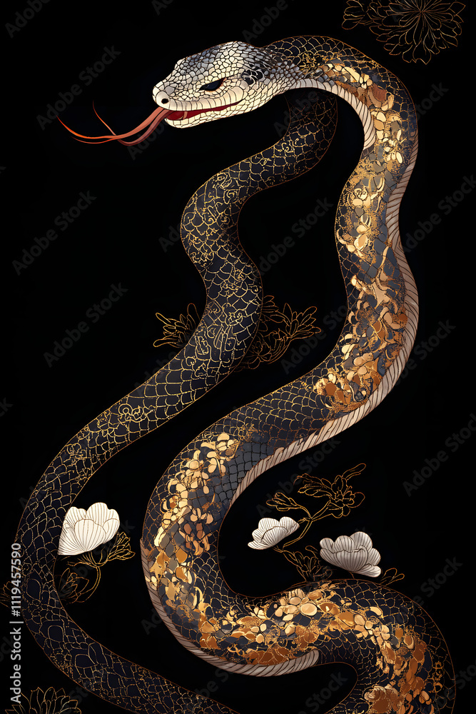 Obraz premium 金箔装飾の黒背景に描かれた蛇のデザイン