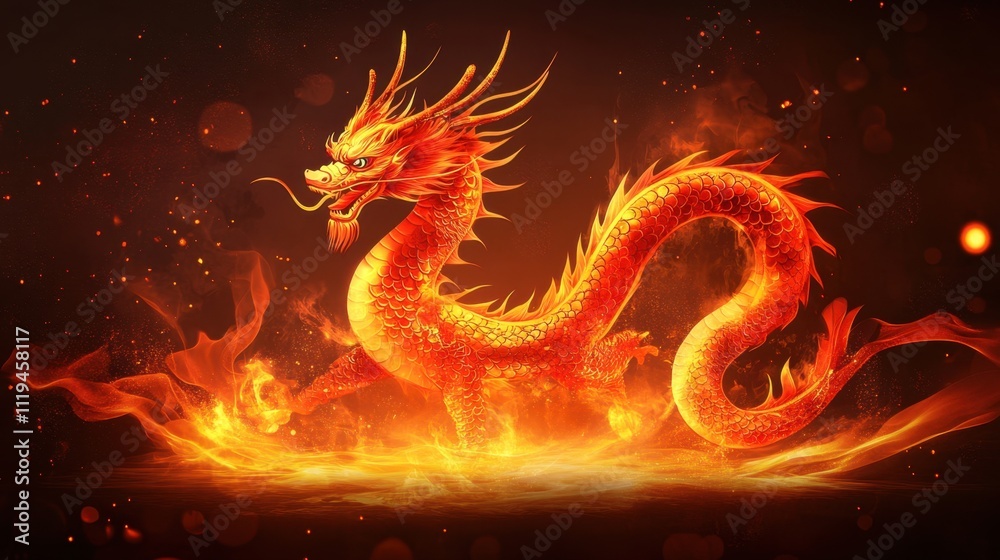 Regal golden dragon surrounded by luminous patterns symbolizing fortune and prosperity. Regal golden dragon surrounded by luminous patterns symbolizing fortune and prosperity.