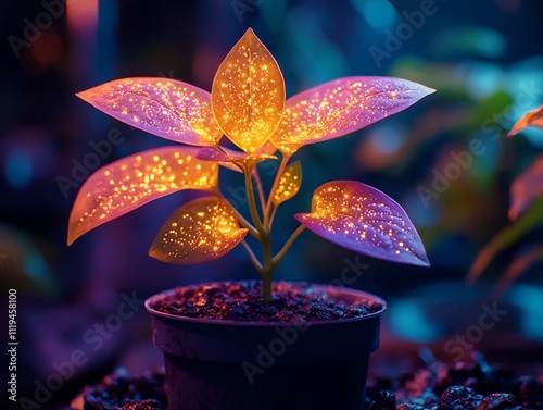 Genetically Engineered Glowing Plant in High Tech Greenhouse Symbolizing Agricultural Advancements photo