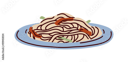 Noodles with vegetables, asian garnish, dish on plate. Veg pasta, vegan soy spaghetti, cooked meal. Healthy delicious vegetarian eating. Flat vector illustration isolated on white background