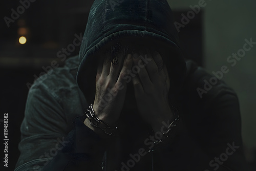 Suffering of a hooded, handcuffed man in a dark environment
