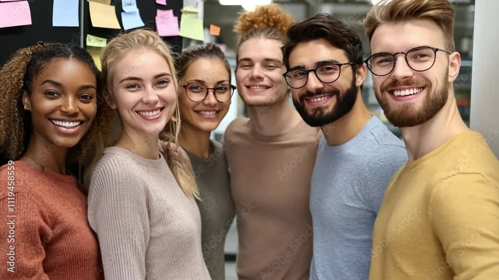 A diverse group of smiling young adults posing for a photo in a collaborative workspace. A diverse group of smiling young adults posing for a photo in a collaborative workspace.