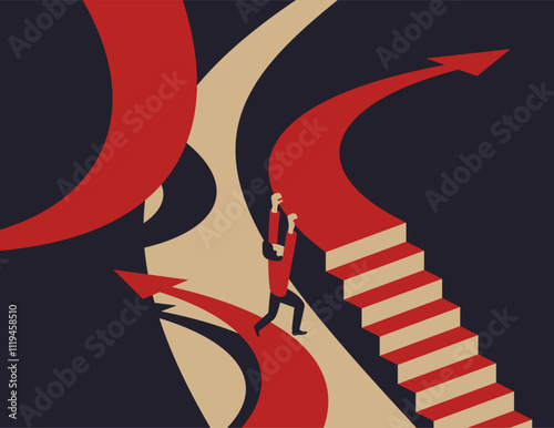 Person jumping to arrow with another direction, in vintage colors