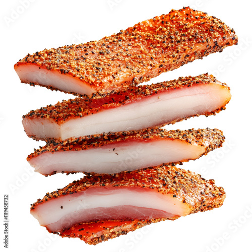 Slices of seasoned lardo or salo with peppercorn coating, isolated on white transparent background, concept of premium cured meat photo