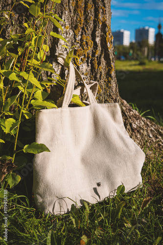 White canvas tote bag mockup template with long handles among the green plant leaves near the tree outdoor photo