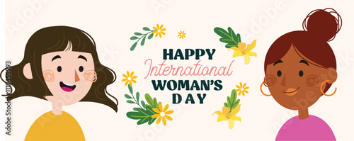 International Women's Day banner concept. Vector modern flat illustration of a  of a female portrait in profile against a background of a pattern of diverse female figures