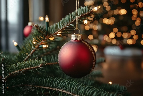 Red Christmas Ornament on Fir Branch with Bokeh Lights