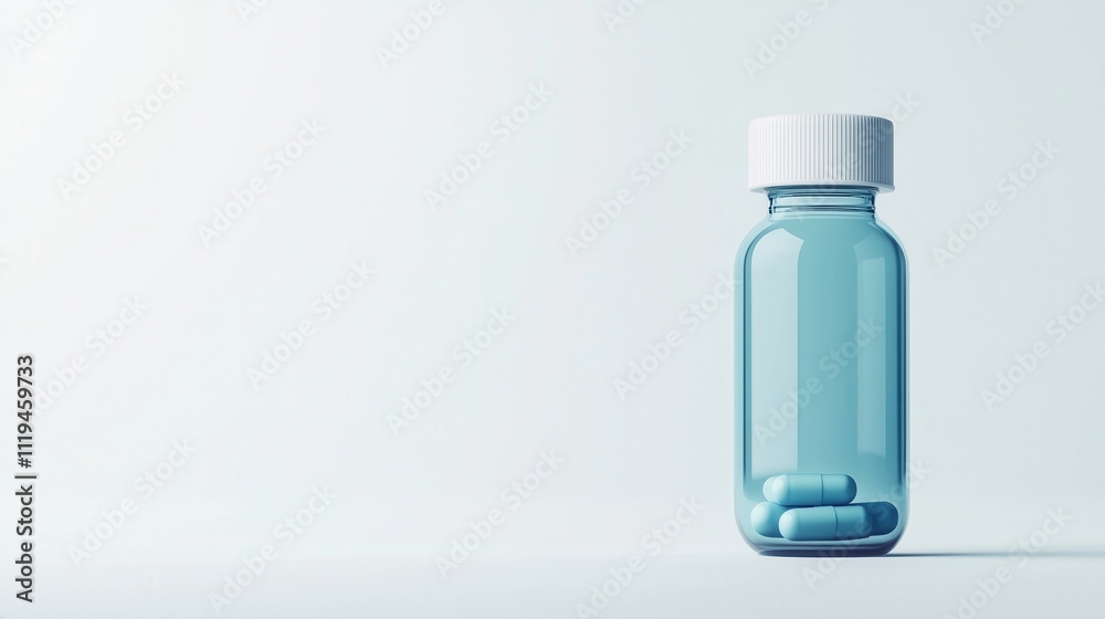 Blue pills inside transparent glass pill bottle on minimal white background