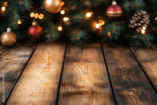 Wooden Table Christmas Background with Blurred Tree and Ornaments