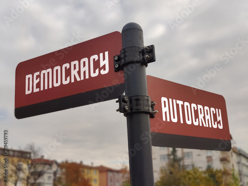 Navigating Choices: A Signpost of Life's Pathways Representing THRIVE, Democracy, and Autocracy Amid Nature's Calm, Encouraging Reflection on Our Governance and Personal Journeys