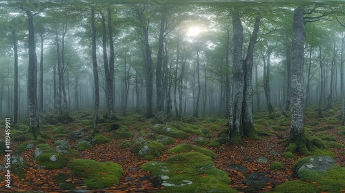 Fototapeta Naklejka Na Ścianę i Meble -  Misty forest scene with moss-covered rocks and fallen leaves.