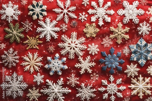 Silver Glitter Snowflakes on Red Background Festive Texture