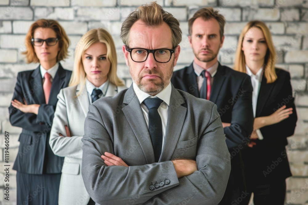 Group of business people standing in line with arms folded and looking at camera Group of business people standing in line with arms folded and looking at camera