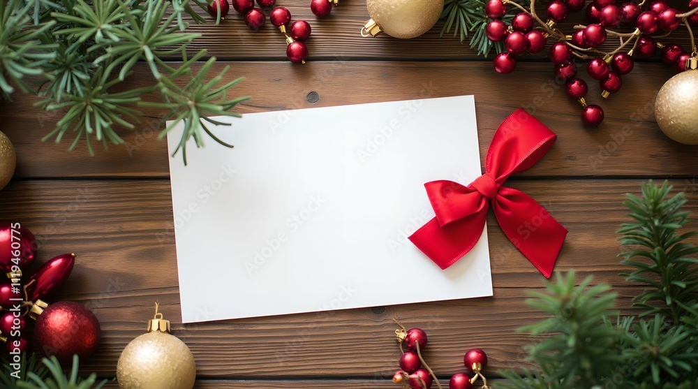 A white Christmas card with a red bow lies on a wooden table surrounded by Christmas decorations. A white Christmas card with a red bow lies on a wooden table surrounded by Christmas decorations.