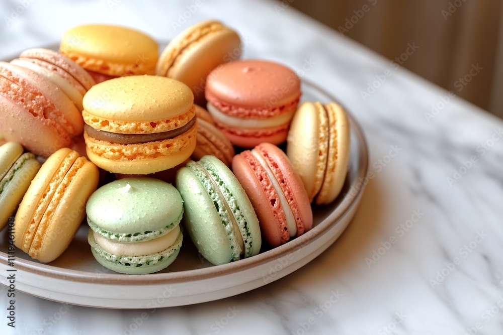 Colorful macarons on plate with marble background Colorful macarons on plate with marble background