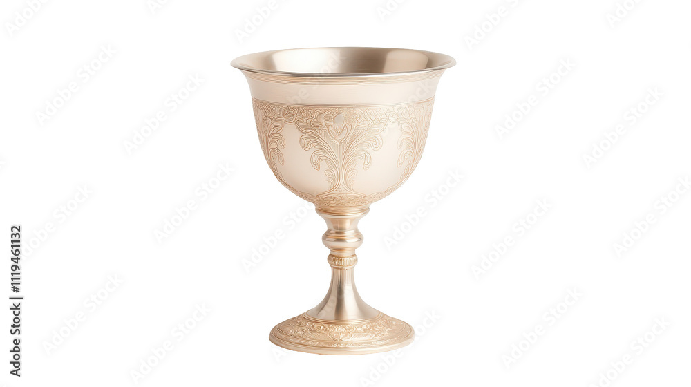 A gold cup with a design on it sits on a white background A gold cup with a design on it sits on a white background
