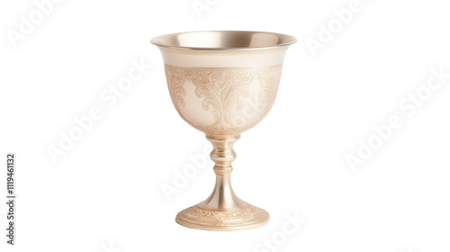 A gold cup with a design on it sits on a white background
