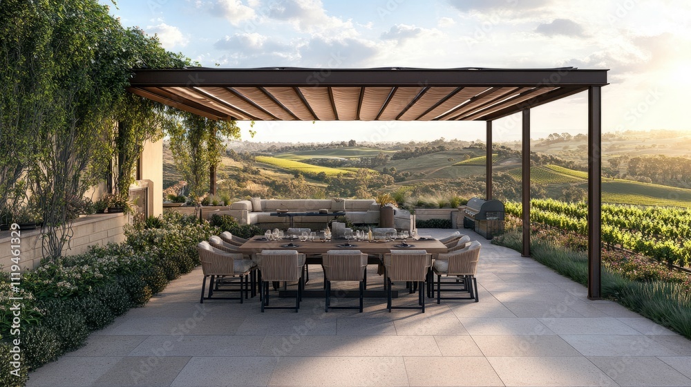 Serene rooftop space featuring a shaded pergola, rustic dining furniture, and wide-open views of rolling vineyard hills Serene rooftop space featuring a shaded pergola, rustic dining furniture, and wide-open views of rolling vineyard hills