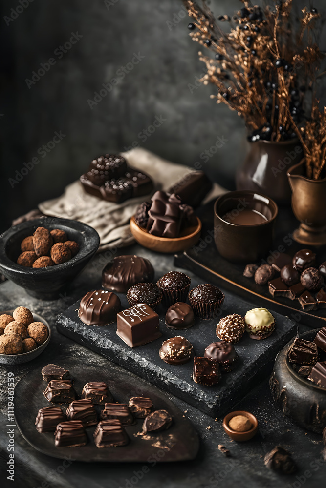 Luxurious Mocha Mousse Delights: Tasteful Brown Treats on a Dark Rustic Table Luxurious Mocha Mousse Delights: Tasteful Brown Treats on a Dark Rustic Table
