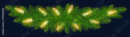 Fir branch border and string of festive lights on blue background. For holiday New Year festive designs, Christmas greeting cards, banners. Vector illustration