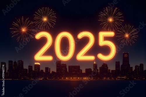 A city celebrates Happy New Year and fireworks