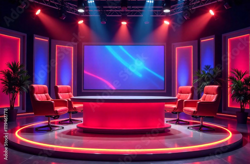 Interior empty game show stage with red chairs and large white screen photo