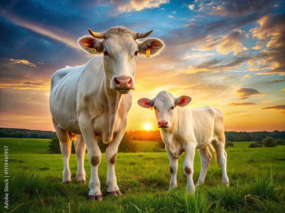 Surreal Sunset Pasture: Charolais Cow & Calf with Pierced Ears - Artistic Photography Surreal Sunset Pasture: Charolais Cow & Calf with Pierced Ears - Artistic Photography