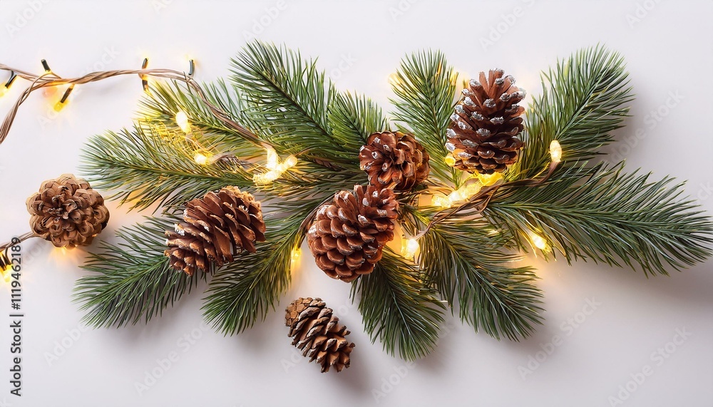 Christmas tree branch with cones and lights on isolated white background. Christmas tree branch with cones and lights on isolated white background.
