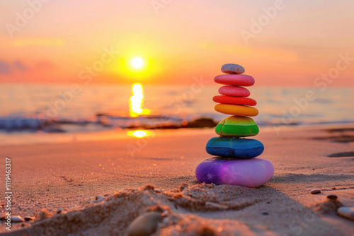 Colorful stacked stones on sandy beach at sunset. Meditation, relaxation, coastal tranquil scene. Zen themes, wellness, nature, mindfulness and mental health, life balance, travel concept photo