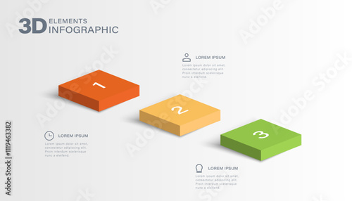 3 steps, option or levels infographic design with 3d or isometric squares and business icons. Modern elements for presentation, workflow layout, timeline infographics.