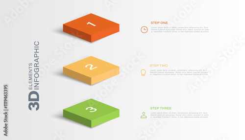 3 steps, option or levels infographic design with 3d or isometric squares and business icons.