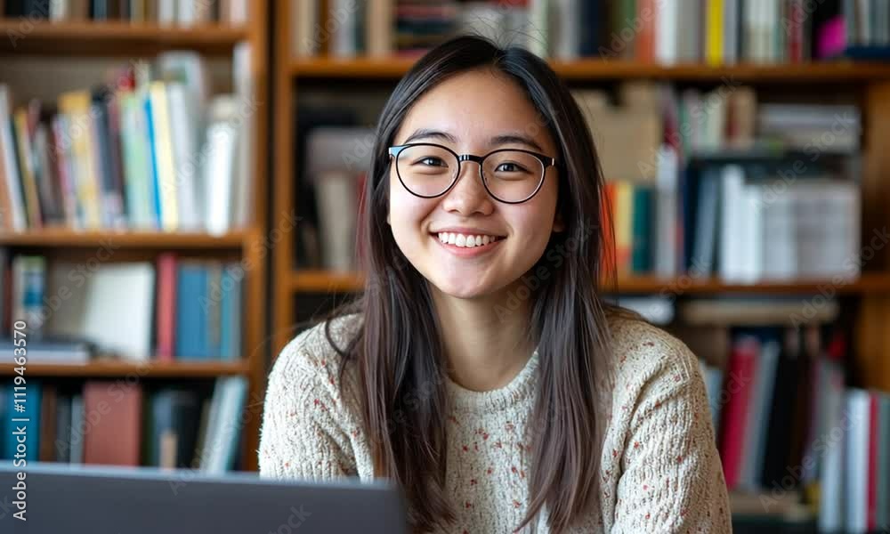 Smiling Asian young woman with glasses using laptop in library setting Smiling Asian young woman with glasses using laptop in library setting