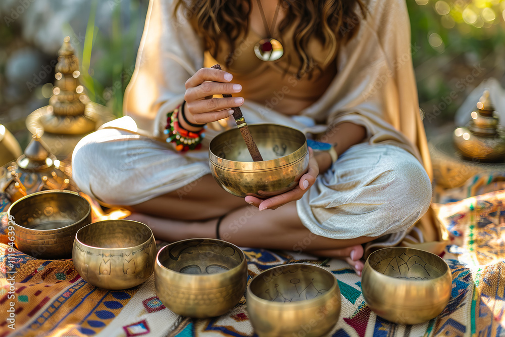 Fototapeta premium A beautiful woman performing a cleansing session with Tibetan bowls, radiating relaxation and happiness.