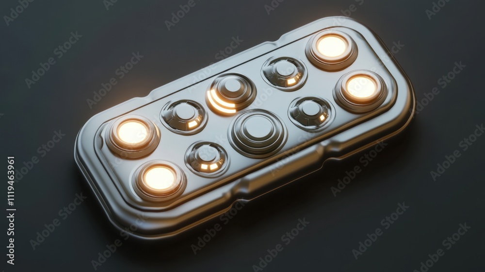 Sleek silver metallic device with glowing LED controls, framed by shiny, minimalist accents. Sleek silver metallic device with glowing LED controls, framed by shiny, minimalist accents.