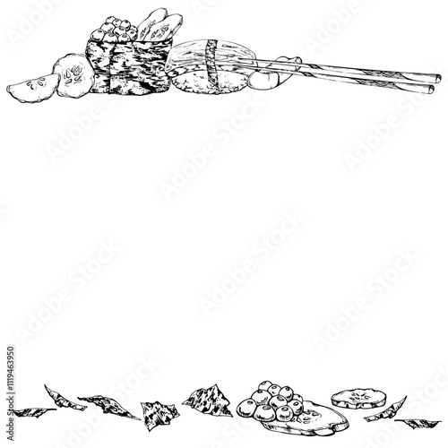 Traditional Japanese food, gunkan nigiri sushi raw fish salmon caviar tamagoyaki, cucumber slices, nori flakes, chopsticks, vector pen ink hand drawn. Line frame for restaurant, cafe menu, recipe book