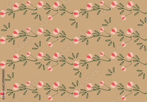 Floral Harmony Vine : seamless floral pattern with soft pink blossoms and green vines on a warm beige background. Ideal for fabric design, packaging, stationery, and modern botanical-themed  project
