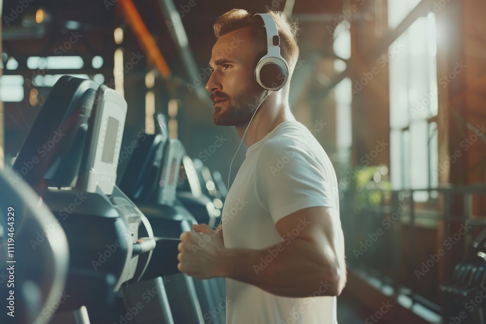 Handsome man in wireless headphones jogging on treadmill at gym and listening music while running, enjoying workout, copy space. MZ