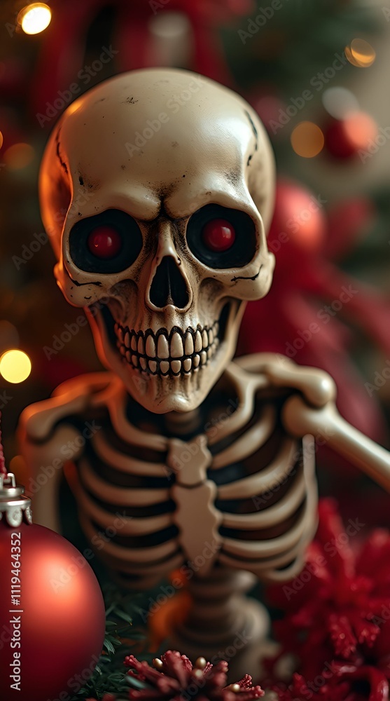 Horror themed Christmas decor with funny skull skeleton and festive New Year decorations Horror themed Christmas decor with funny skull skeleton and festive New Year decorations