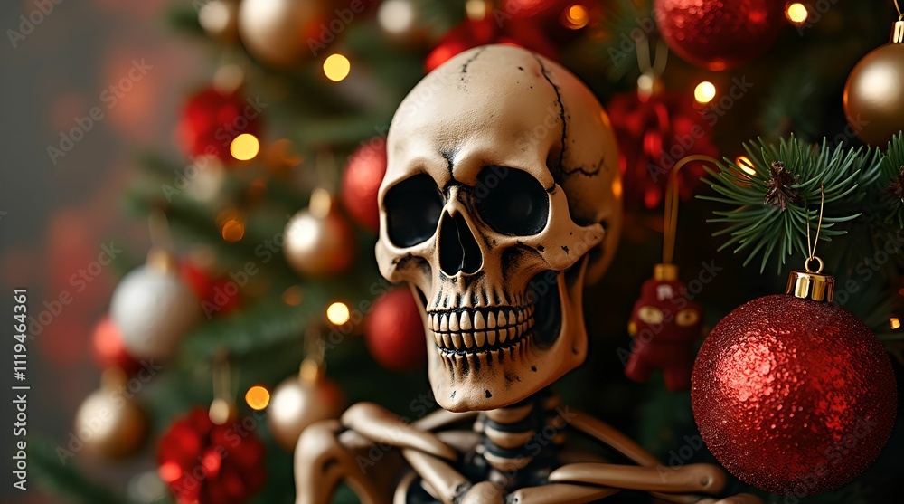 Horror themed Christmas decor with funny skull skeleton and festive New Year decorations Horror themed Christmas decor with funny skull skeleton and festive New Year decorations