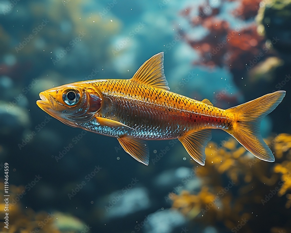 Naklejka premium Genetically Engineered Glowing Fish Swimming in Clear Blue Waters Representing Sustainable Aquaculture and Food Production Advances