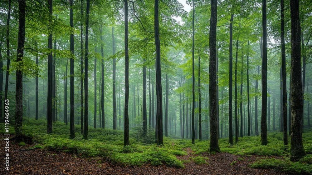 Obraz premium Misty green forest path with tall trees and lush undergrowth.