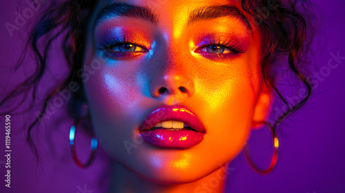 Close-up of woman with vibrant makeup in dramatic colorful lighting