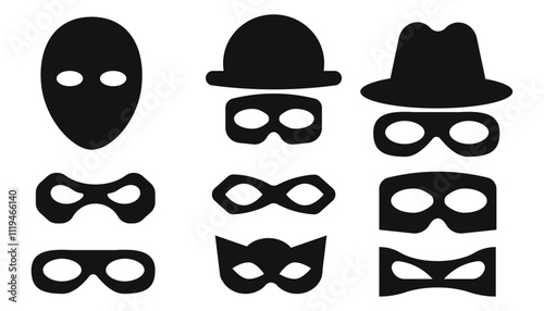 Incognito mask, villain or robber hide face element, black silhouette mystery costume icon. Superhero or carnival bandit burgar 